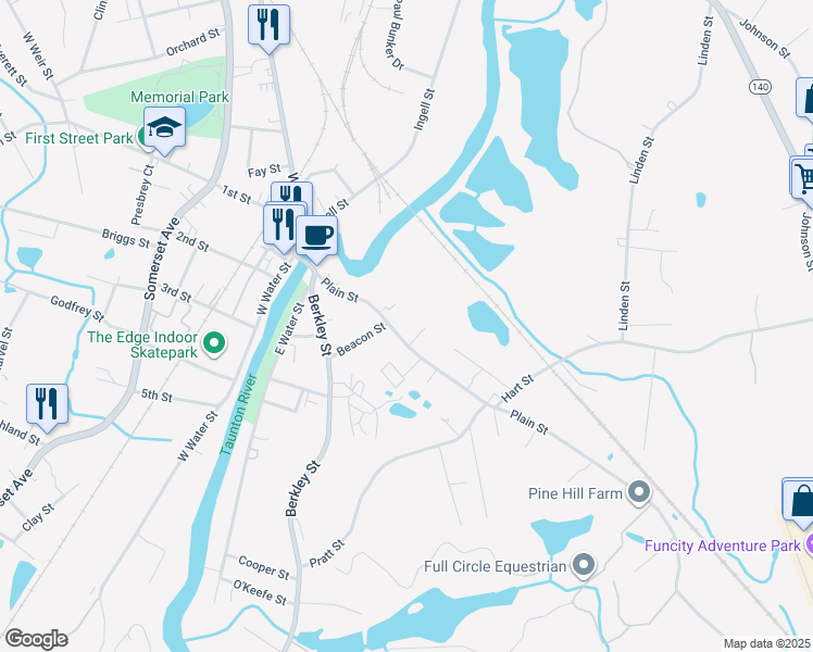 map of restaurants, bars, coffee shops, grocery stores, and more near 48 Plain Street in Taunton