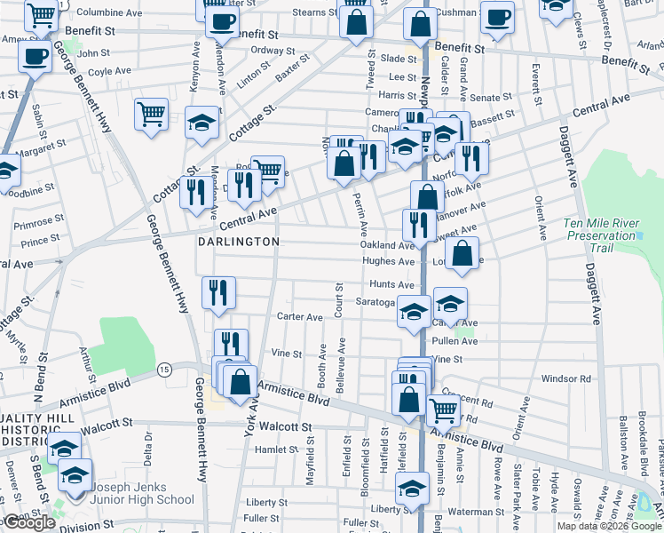 map of restaurants, bars, coffee shops, grocery stores, and more near 202 Hughes Avenue in Pawtucket