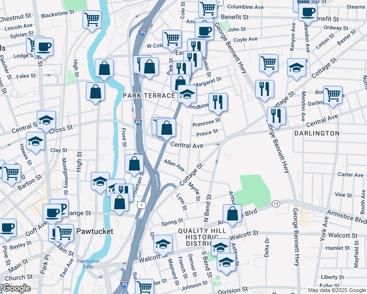 map of restaurants, bars, coffee shops, grocery stores, and more near 178 Central Avenue in Pawtucket