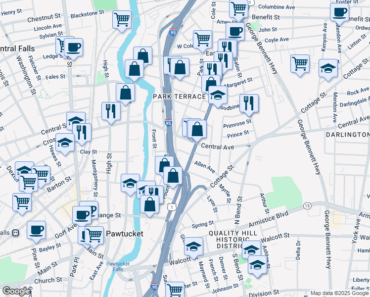 map of restaurants, bars, coffee shops, grocery stores, and more near 89 Central Avenue in Pawtucket
