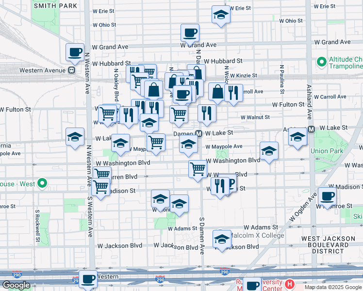 map of restaurants, bars, coffee shops, grocery stores, and more near 2033 West Randolph Street in Chicago