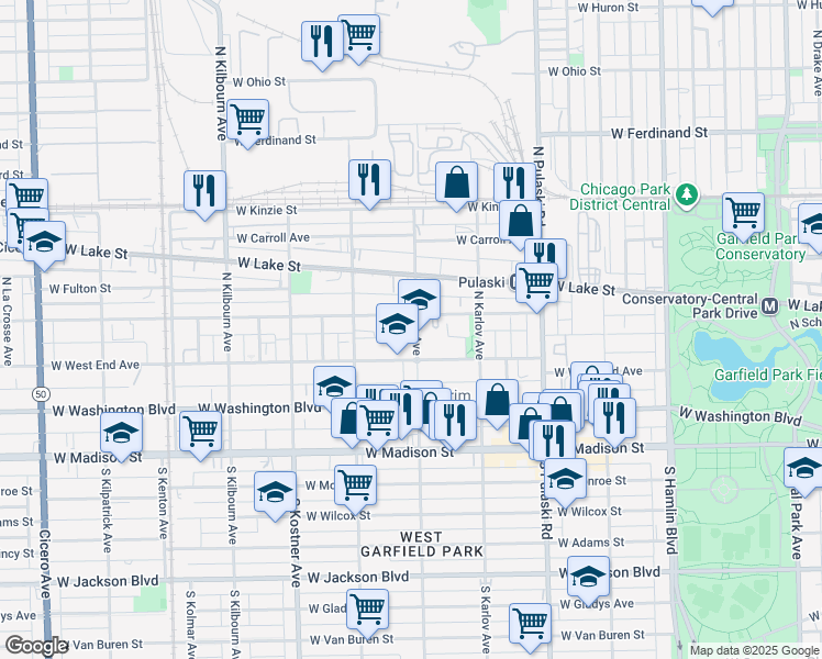 map of restaurants, bars, coffee shops, grocery stores, and more near 4201 West Maypole Avenue in Chicago