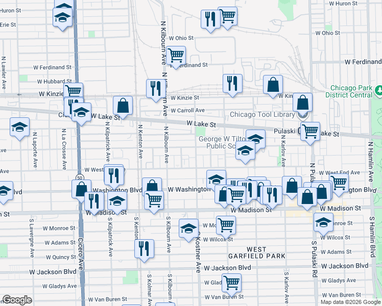 map of restaurants, bars, coffee shops, grocery stores, and more near 4421 West Maypole Avenue in Chicago