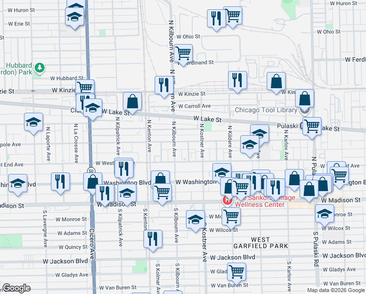 map of restaurants, bars, coffee shops, grocery stores, and more near 4503 West Maypole Avenue in Chicago