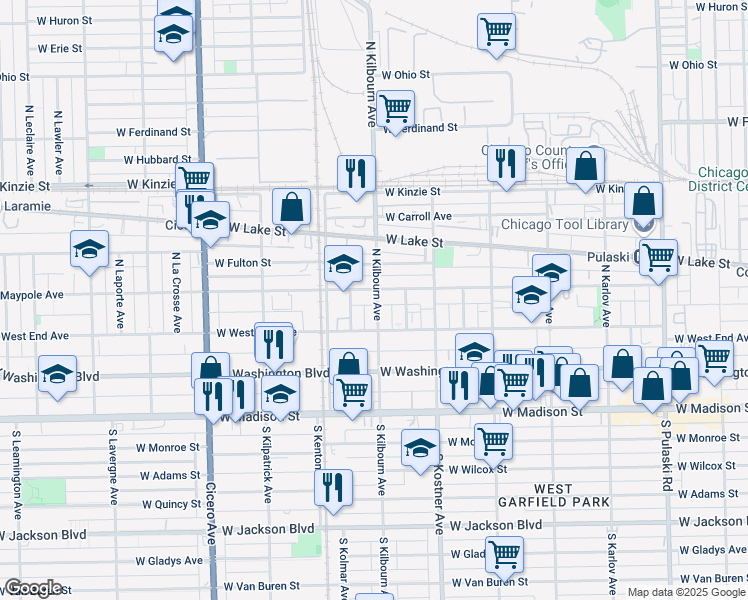 map of restaurants, bars, coffee shops, grocery stores, and more near 4503 West Maypole Avenue in Chicago