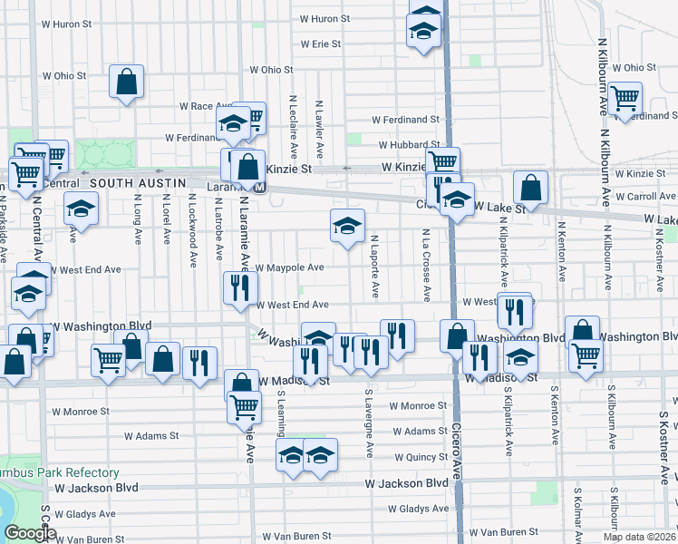 map of restaurants, bars, coffee shops, grocery stores, and more near 5023 West Maypole Avenue in Chicago