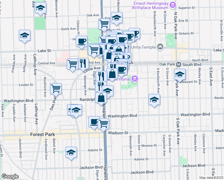 map of restaurants, bars, coffee shops, grocery stores, and more near 224 South Maple Avenue in Oak Park