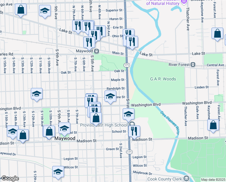 map of restaurants, bars, coffee shops, grocery stores, and more near 316 South 3rd Avenue in Maywood