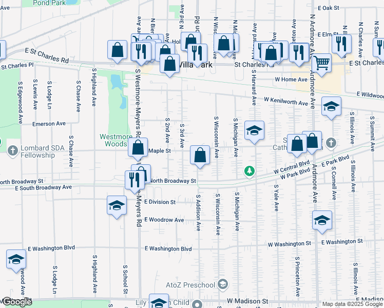 map of restaurants, bars, coffee shops, grocery stores, and more near 342 West School Street in Villa Park