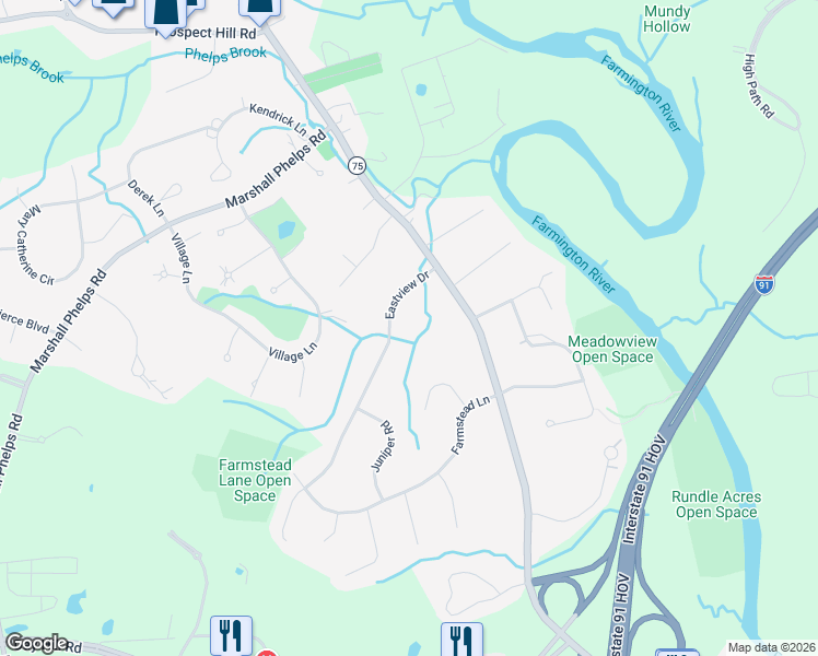 map of restaurants, bars, coffee shops, grocery stores, and more near 21 Eastview Drive in Windsor