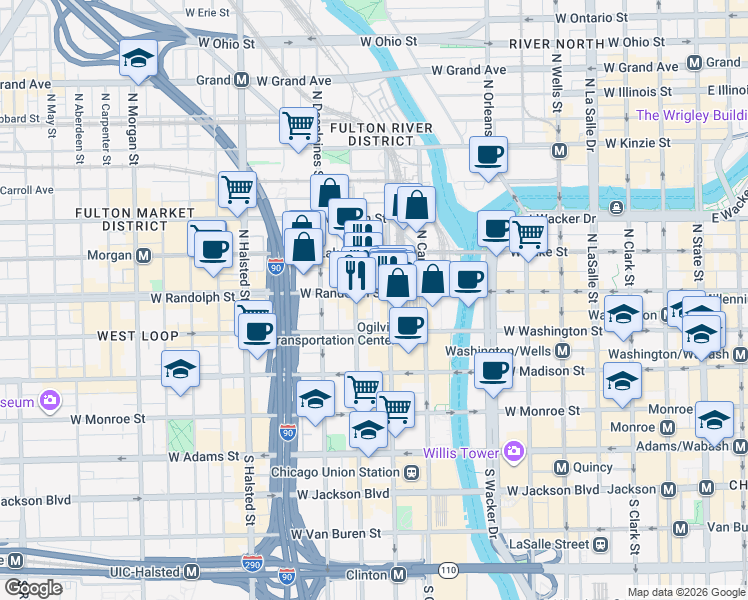 map of restaurants, bars, coffee shops, grocery stores, and more near 553 West Randolph Street in Chicago