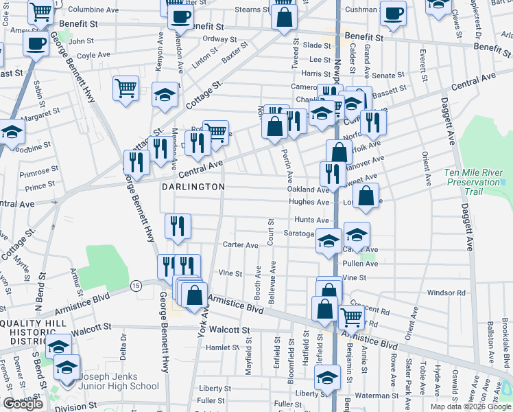 map of restaurants, bars, coffee shops, grocery stores, and more near 160 Hughes Avenue in Pawtucket