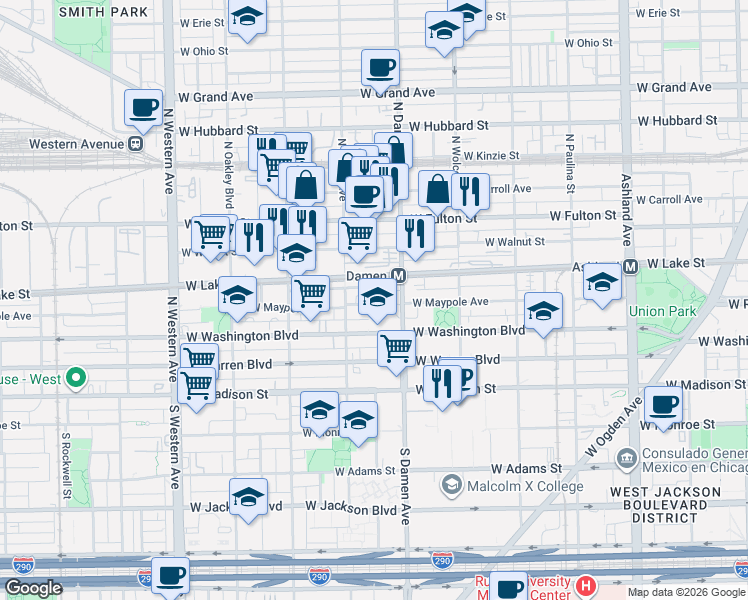 map of restaurants, bars, coffee shops, grocery stores, and more near 2033 West Randolph Street in Chicago