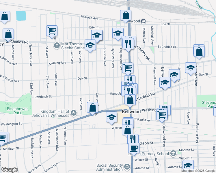 map of restaurants, bars, coffee shops, grocery stores, and more near 419 Granville Avenue in Bellwood