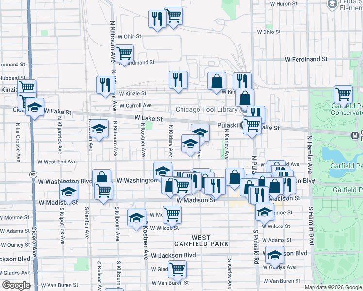 map of restaurants, bars, coffee shops, grocery stores, and more near 4231 West Maypole Avenue in Chicago