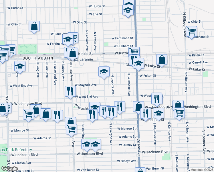 map of restaurants, bars, coffee shops, grocery stores, and more near 185 North Lavergne Avenue in Chicago
