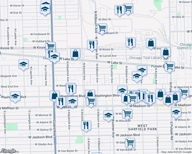 map of restaurants, bars, coffee shops, grocery stores, and more near 4503 West Maypole Avenue in Chicago