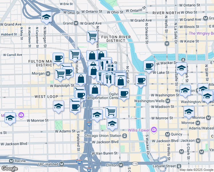 map of restaurants, bars, coffee shops, grocery stores, and more near 167 North Des Plaines Street in Chicago