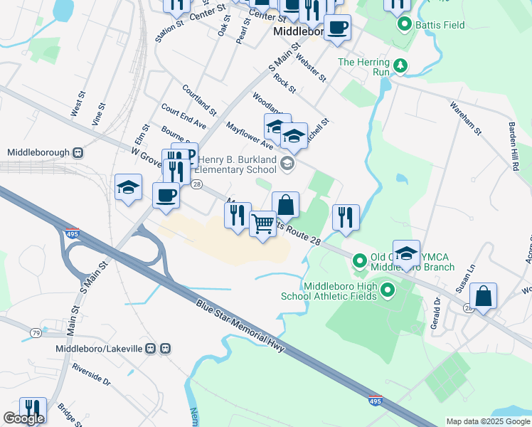 map of restaurants, bars, coffee shops, grocery stores, and more near 40 East Grove Street in Middleborough