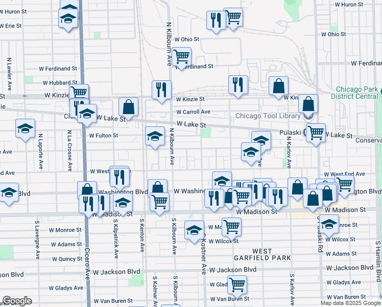 map of restaurants, bars, coffee shops, grocery stores, and more near 4421 West Maypole Avenue in Chicago