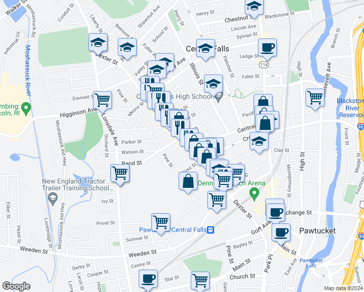 map of restaurants, bars, coffee shops, grocery stores, and more near 413 Central Street in Central Falls