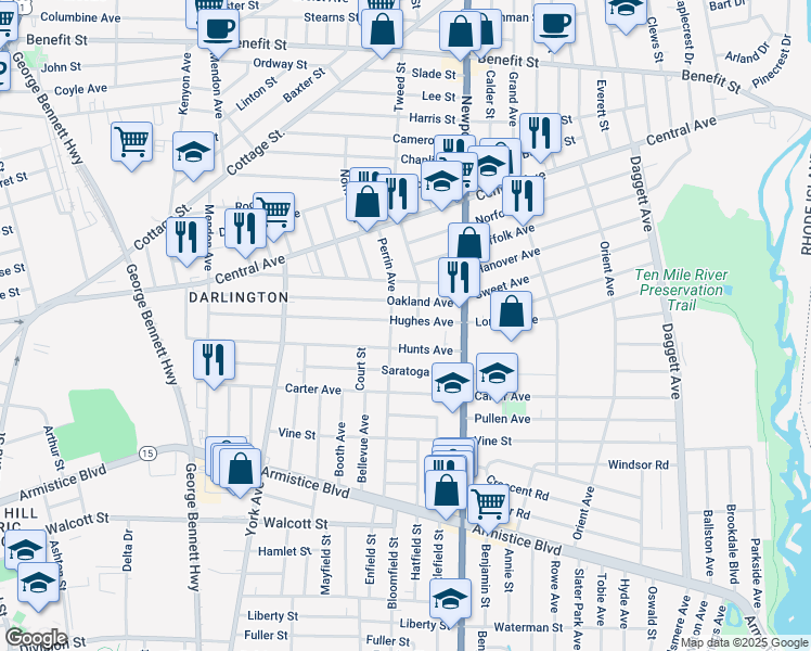 map of restaurants, bars, coffee shops, grocery stores, and more near 251 Hughes Avenue in Pawtucket