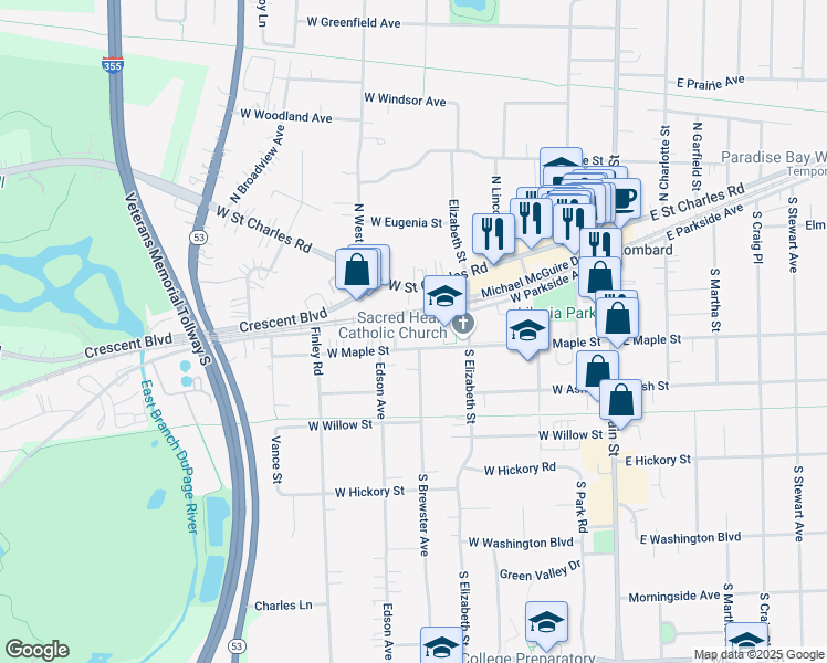 map of restaurants, bars, coffee shops, grocery stores, and more near 344 W Maple St in Lombard
