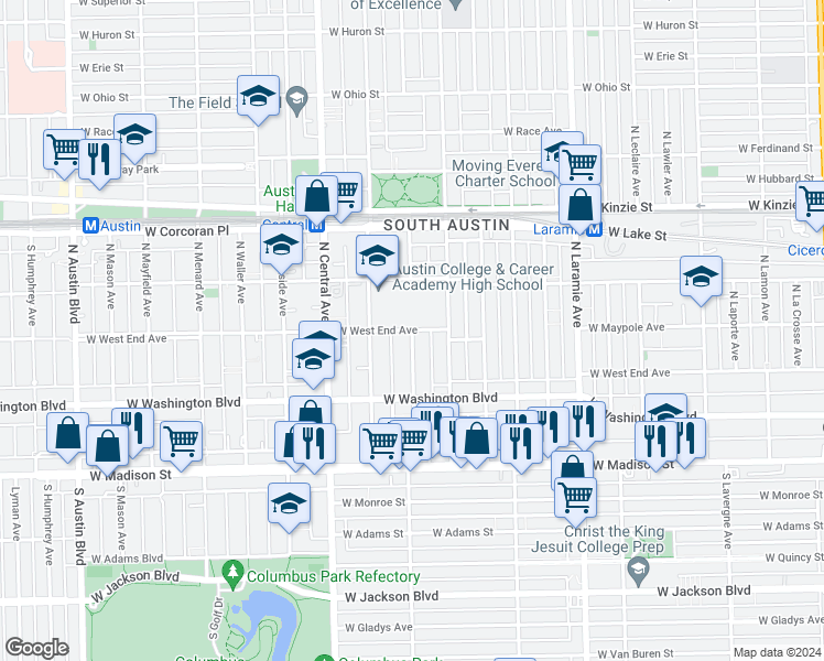 map of restaurants, bars, coffee shops, grocery stores, and more near 5448 West West End Avenue in Chicago