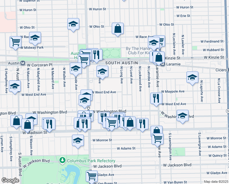 map of restaurants, bars, coffee shops, grocery stores, and more near 5427 West West End Avenue in Chicago