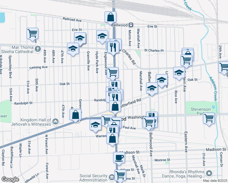 map of restaurants, bars, coffee shops, grocery stores, and more near 400 U.S. 45 in Bellwood