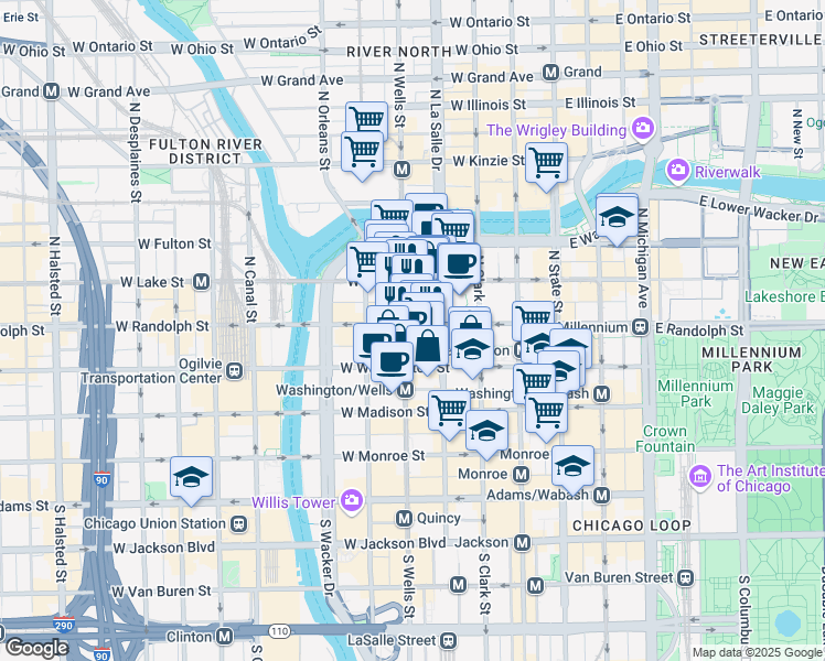 map of restaurants, bars, coffee shops, grocery stores, and more near 171 West Randolph Street in Chicago