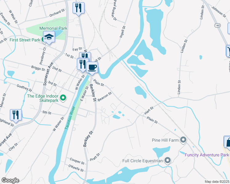 map of restaurants, bars, coffee shops, grocery stores, and more near 48 Plain Street in Taunton