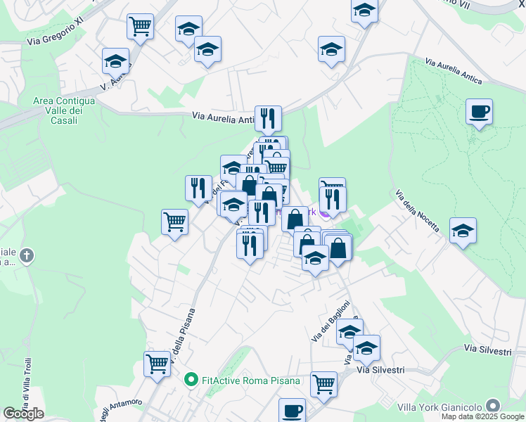 map of restaurants, bars, coffee shops, grocery stores, and more near 25b Via dei Gonzaga in Roma