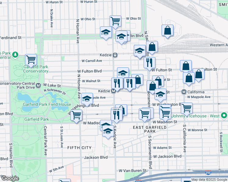 map of restaurants, bars, coffee shops, grocery stores, and more near W Lake St & N Kedzie Ave in Chicago