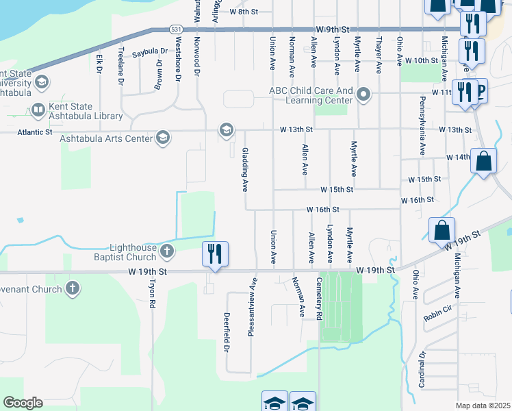 map of restaurants, bars, coffee shops, grocery stores, and more near 2529 West 16th Street in Ashtabula