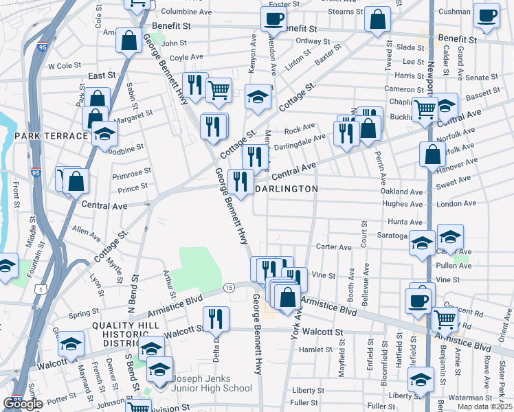 map of restaurants, bars, coffee shops, grocery stores, and more near 4 Winthrop Avenue in Pawtucket