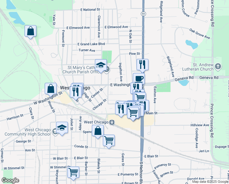 map of restaurants, bars, coffee shops, grocery stores, and more near 423 Summit Ave in West Chicago