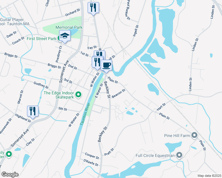 map of restaurants, bars, coffee shops, grocery stores, and more near 36 Berkley Street in Taunton