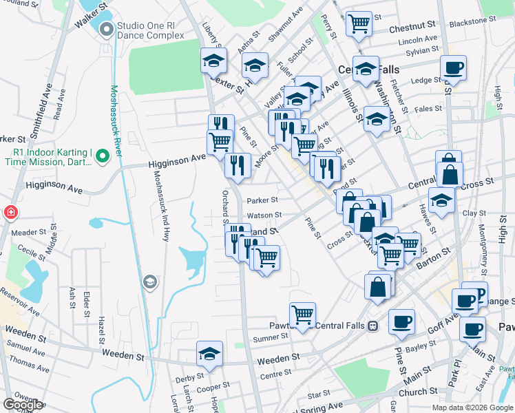 map of restaurants, bars, coffee shops, grocery stores, and more near 30 Parker Street in Central Falls
