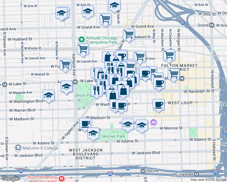 map of restaurants, bars, coffee shops, grocery stores, and more near 1364 West Randolph Street in Chicago