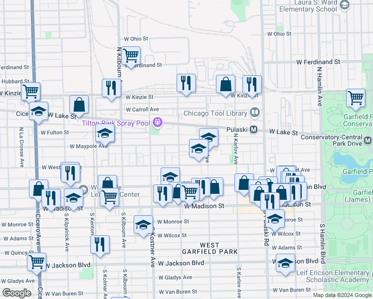 map of restaurants, bars, coffee shops, grocery stores, and more near 4231 West Maypole Avenue in Chicago