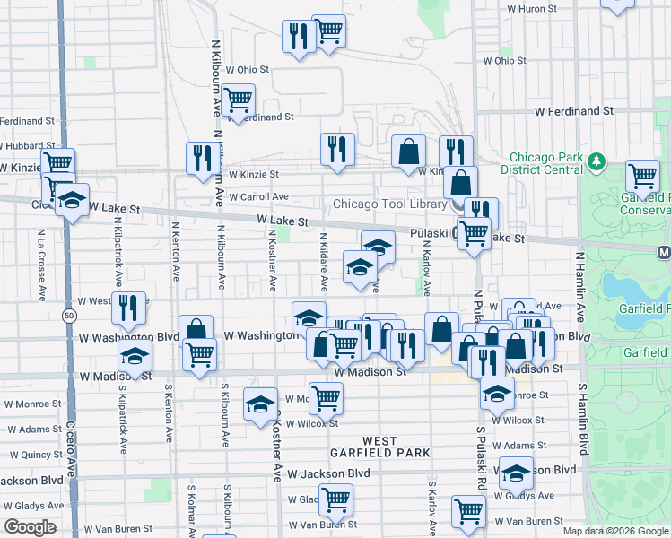 map of restaurants, bars, coffee shops, grocery stores, and more near 4231 West Maypole Avenue in Chicago