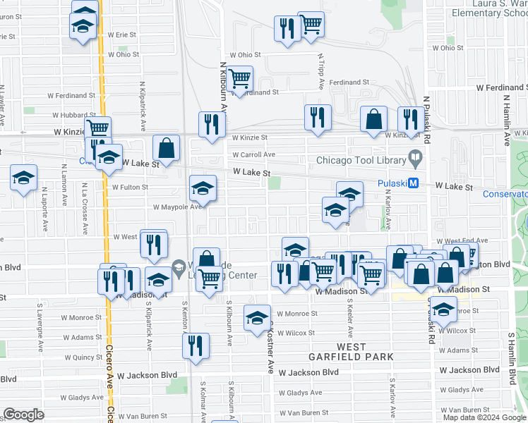 map of restaurants, bars, coffee shops, grocery stores, and more near 4421 West Maypole Avenue in Chicago