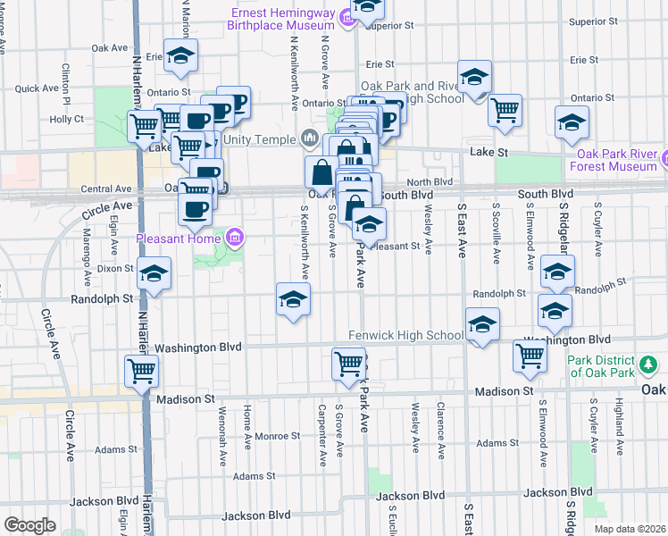 map of restaurants, bars, coffee shops, grocery stores, and more near 217 South Oak Park Avenue in Oak Park