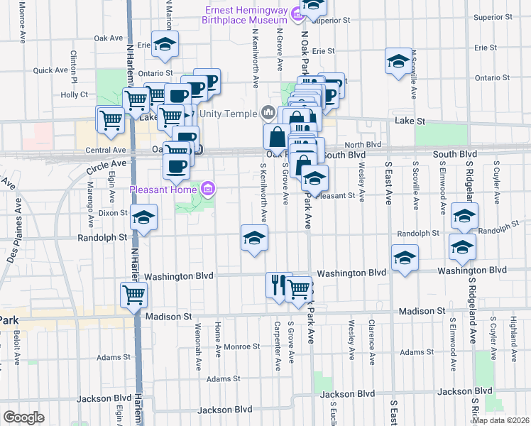 map of restaurants, bars, coffee shops, grocery stores, and more near 214 South Kenilworth Avenue in Oak Park