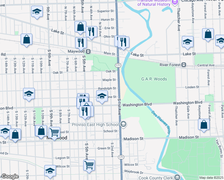 map of restaurants, bars, coffee shops, grocery stores, and more near 316 South 2nd Avenue in Maywood