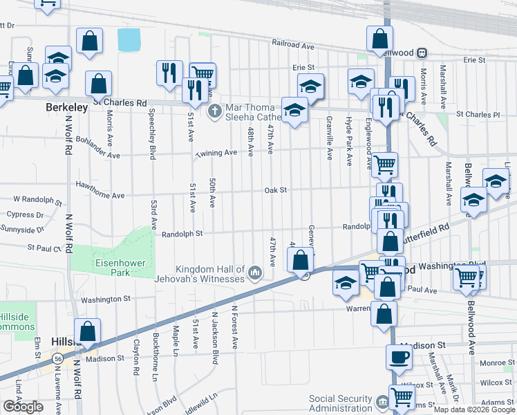 map of restaurants, bars, coffee shops, grocery stores, and more near 410 47th Avenue in Bellwood