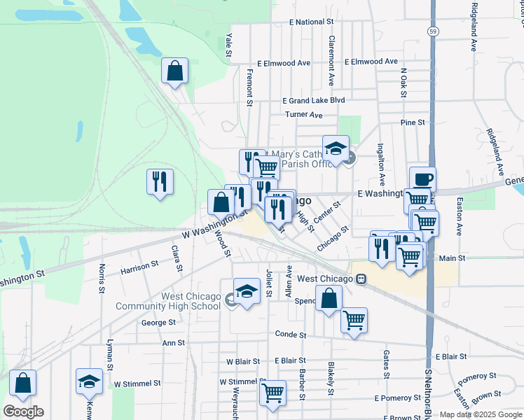 map of restaurants, bars, coffee shops, grocery stores, and more near 112 Main Street in West Chicago