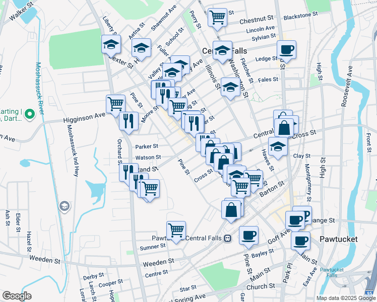 map of restaurants, bars, coffee shops, grocery stores, and more near 156 Rand Street in Central Falls