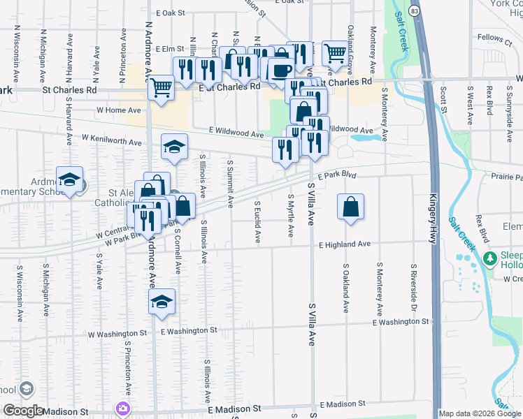 map of restaurants, bars, coffee shops, grocery stores, and more near 225 South Euclid Avenue in Villa Park